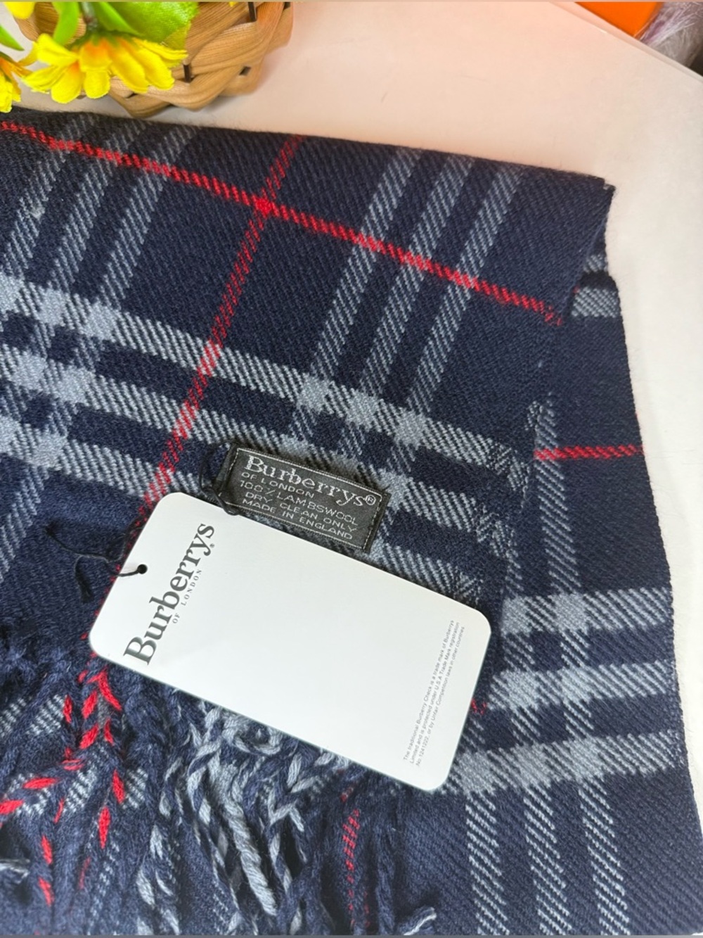 🆕Auth BURBERRY Navy Gray Red Plaid Fringe Scarf ~UNISEX~